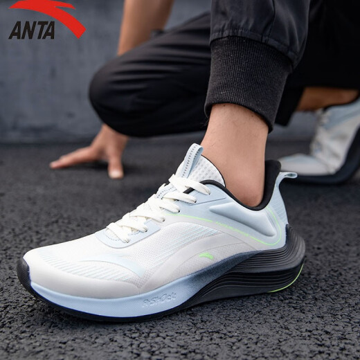 ANTA (Stinger) Men's Shoes Sports Shoes Men's Spring and Summer Soft Sole Leather Mesh Shoes Running Shoes Casual Shock Absorbing Running Shoes - Ivory White/Phantom Blue 8.5 (Male 42)