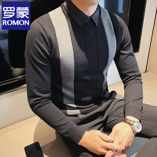 Romon Faux Pull à col de chemise en deux pièces pour hommes Automne et hiver 2025 New Business Men's Inner Treed Base Tript For Men 9855 Black M