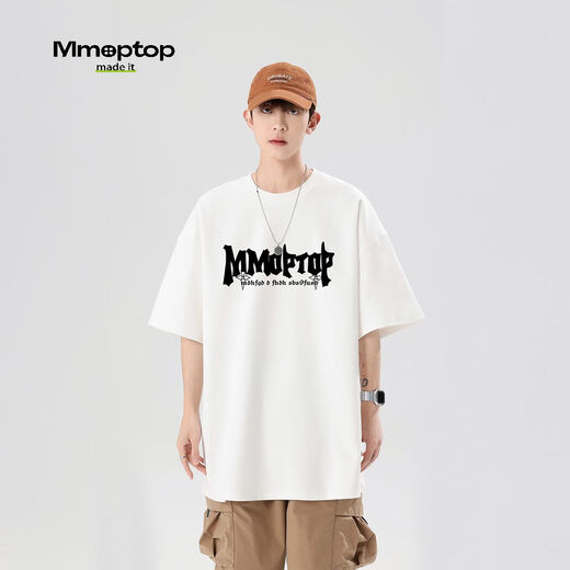 MMOPTOP Personalisierter Buchstaben Druck Kurzarm T-Shirt Herren Sommer reines Baumwoll lose halbe Ärmel Trendy Top M0028 Weiß L.