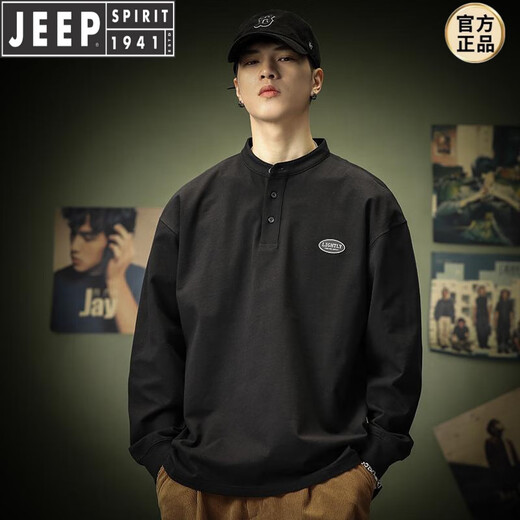 JEEP SPIRIT extra large size 300Jin Jin is equal to 0.5kg Henry collar long-sleeved T-shirt men's spring and autumn American loose layered polo. shirt sweatshirt ins trendy brand black XL recommended 120-150Jin Jin is equal to 0.5kg