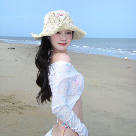 乐卡利 泳衣星星罩衫 微透长袖泡温泉沙滩比基尼女防晒外搭套头上衣T恤 星星罩衫【白优质版  80-120斤】