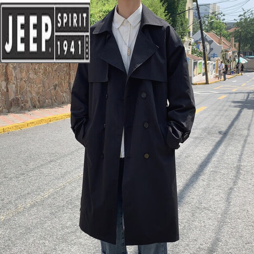 JEEP SPIRIT Balma Ken Trench Coat Men's Mid-Length Autumn Light-Mature Style Godfather Jacket Waisted Kensington German Civilian Coat Black M