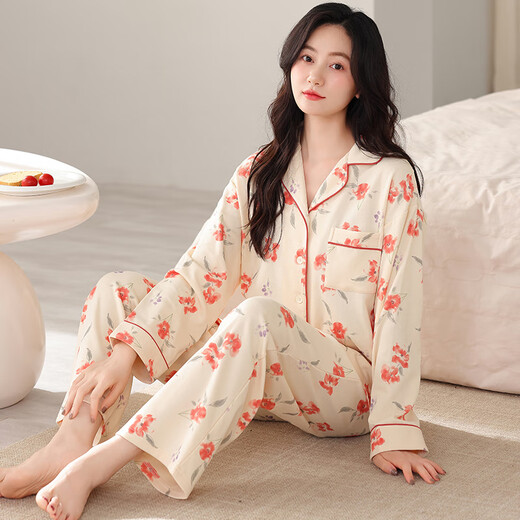三枪睡衣女士春秋款纯棉长袖长裤时尚翻领家居服秋季全棉高级感套装 9249 M 女(建议80-100斤)