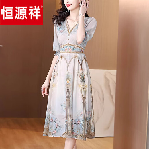 恒源祥气质国风真丝连衣裙夏季新款印花桑蚕丝裙女装长款裙V领短袖 图片色3888 M M-90-100斤建议