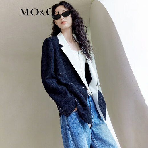 MO&Co.肌理感黑色西装权力外套中长款平驳领休闲西装外套摩安珂 黑色 S 160