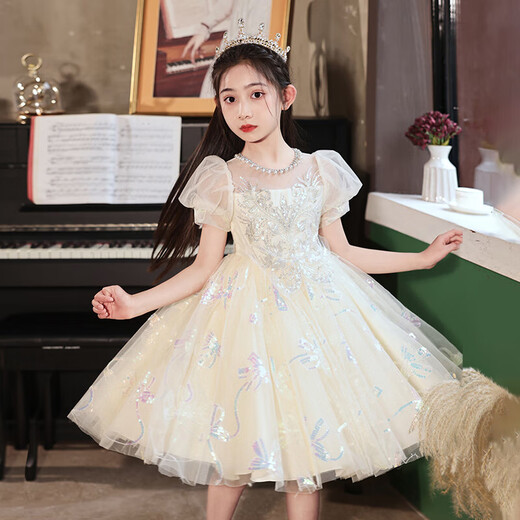 奥蒙威（AOMENGWEI）女童礼服公主裙甜美儿童花童婚纱生日连衣裙主持钢琴演出服DY9208 香槟色短袖【单裙】 150