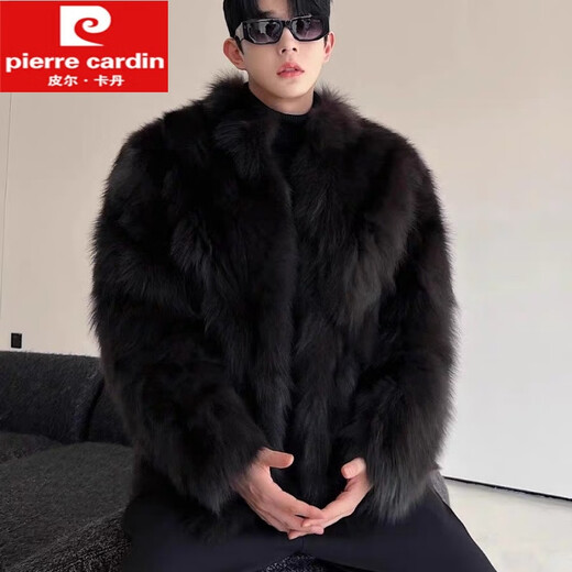 皮尔卡丹（pierre cardin）皮草皮男装男士外套加厚仿狐狸貂皮大衣冬季新款皮毛一体大衣 黑色 2XL