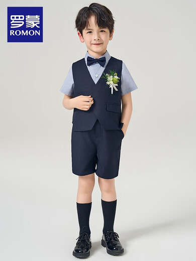 Romon children's dress boy suit suit British style boy's birthday party suit flower girl graduation performance suit vest + trousers + white short-sleeved shirt [Givea tie] 120