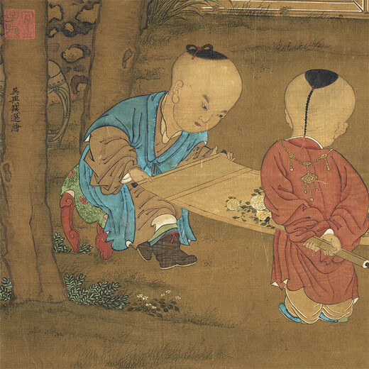 元钱选三元送喜图古代婴戏图卷轴名画复仿古画挂画 元钱选芙蓉鸳鸯图12392 40X72厘米（喷绘画心尺寸） 装裱