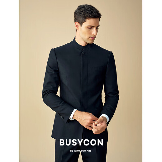 BUSYCON wool tunic suit, new Chinese style suit, high-end men's suit, black stand-up collar, banquet, engagement, wedding dress, black (two-piece suit, top + pants) 50 Reference weight 135-145Jin Jin is equal to 0.5 kg