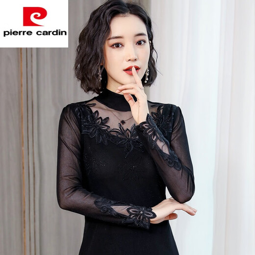 
Pierre cardin mesh bright silk base shirt for women autumn 2025 new high-neck inner long-sleeved T-shirt lace top for women 6224 black paper-cut flower thin XL (90Jin [Jin equals 0.5 kg]-115Jin [Jin equals 0.5 kg])
