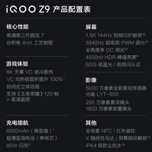 vivo iQOO Z9 国家补贴 6000mAh超薄蓝海电池 高通第三代骁龙7 1.5K 144Hz防频闪护眼屏 电竞游戏手机 曜夜黑 8GB  128GB