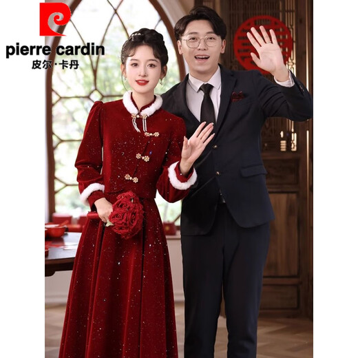 Pierre Cardin Official New Chinese Style Toast Wear 2025 New Bride Autumn and Winter Wedding Red Engagement Dress Skirt Women Winter Plus Velvet Burgundy Flagship Model-Flagship Model M Flagship Model-Flagship Model