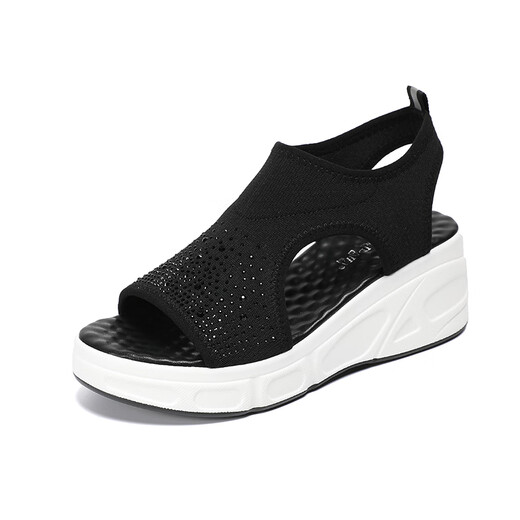 ZVEUZEK松糕厚底坡跟凉鞋新款休闲夏季水钻鱼嘴商场同款轻底防滑飞织女鞋 黑色882-1 35