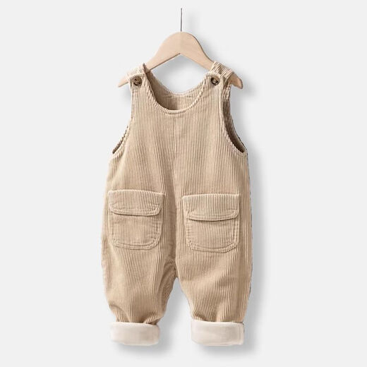 Insular baby corduroy overalls, winter velvet quilted pants, children's jumpsuits, autumn and winter velvet pants for baby girls, apricot 100-90cm