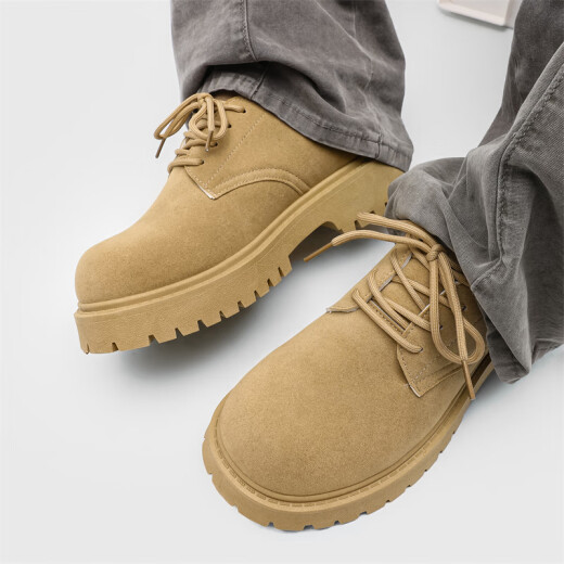 
GUQIAN Martin Boots Men's 2025 New Derby Shoes Spring Low Top Retro Workwear Shoes Thick Sole Heightening Fur Shoes Men's Trendy Camel Color 42 (260mm)