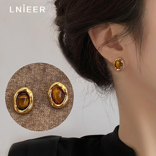 Lnieer S925 Silver Maillard Tiger Eye Stone Earrings Women's Retro Hong Kong Style Autumn and Winter Earrings 2025 New High-end Earrings Tiger Eye Stone Earrings S925 Silver Needle