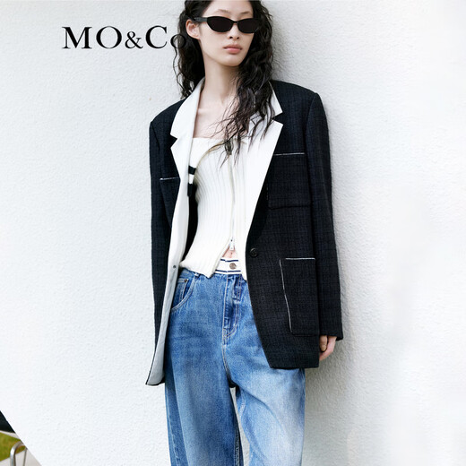 MO&Co.肌理感黑色西装权力外套中长款平驳领休闲西装外套摩安珂 黑色 S 160