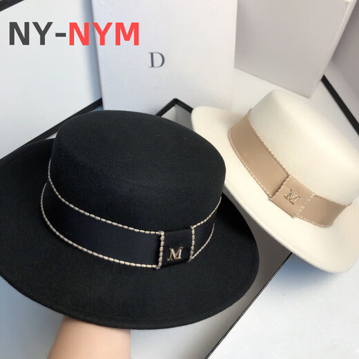 NY-NYM autumn and winter woolen French socialite white flat top hat female British retro fashion Hepburn hat black adjustable