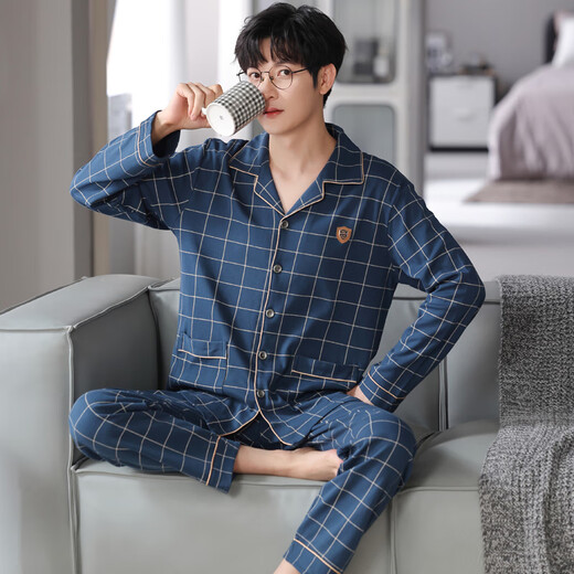 Cat man pur coton pyjamas pour hommes et automne pantalon à manches longues grandes tailles de vêtements de maison inférieurs décontractés tous les coton peuvent être utiles 3888 bleu l [suggéré 110-130jin [Jin est égal à 0,5 kg]]]