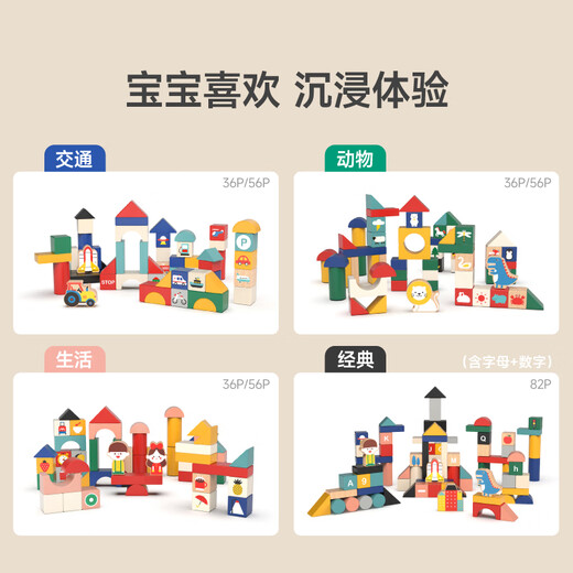 imikids儿童积木玩具婴幼儿大颗粒木质拼装积木早教玩具礼物生活梦想家36