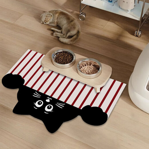 CLCEY cat special-shaped large pet placemat, rice basin and bowl, splash-proof and leak-proof floor mat, cute and easy to clean cat and dog rice basin mat, pink black cat 01 80X120 (soft diatom mud thickened 4mm)