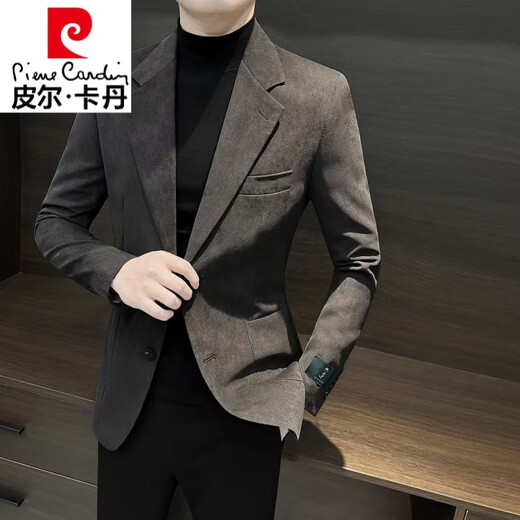 皮尔卡丹鹿皮绒西装外套男士2024新款春秋季商务感时尚休闲西服夹克男 棕色 3XL