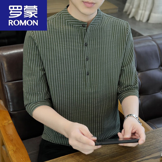 罗蒙（ROMON）2024棉麻七分袖t恤男夏季棉条纹短袖立领五分袖纯色百搭潮 8899深灰色 L 105-120斤