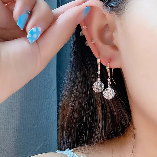 Fuli Baoli 18k gold smart diamond earrings for women, simple long earrings, versatile round diamond earrings for girlfriend for Valentine's Day, rose gold - 3 carats