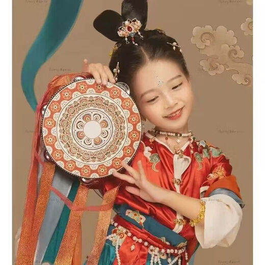 音念敦煌飞天手鼓古风道具铃鼓汉服儿童手持拍照鼓飘带鼓唐鼓舞蹈乐器 炫彩敦煌飞鼓鼓手款二(8寸)