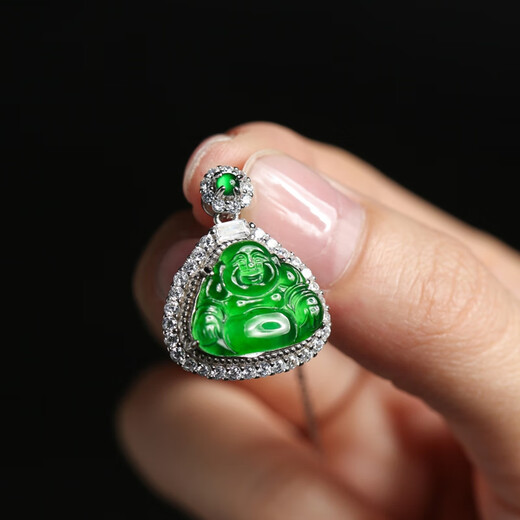Oriental Jadeite Imperial Green Pendant S925 Silver Full Inlaid Green Smiling Mouth Always Open A-grade Jadeite Buddha Necklace Same Style for Men and Women