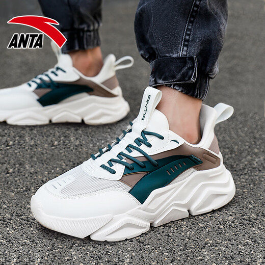 安踏（ANTA）男鞋运动鞋2025官方新款复古潮流跑步鞋休闲老爹鞋子 象牙白/亚麻灰/深苔藓绿 42