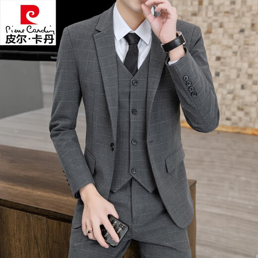 Pierre Cardin Korean style plaid suit suit men's casual business formal three-piece suit groom's wedding suit jacket men's light gray suit + vest + pants tie XL
