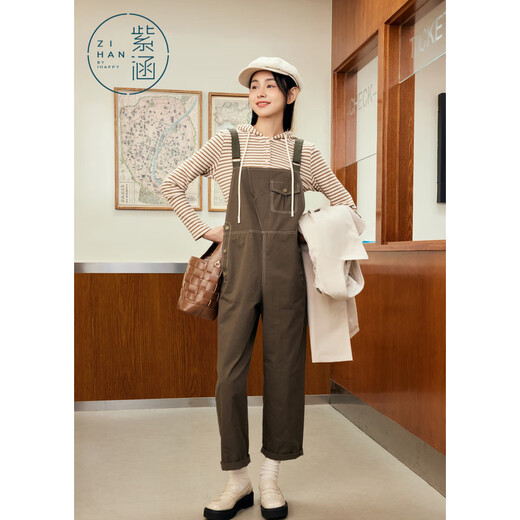 Zihan (ZIHAN) Zihan retro striped sweater + small overalls two-piece suit for women, spring, moss green XL