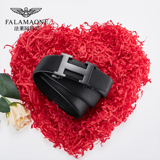 法莱阿玛尼（FALAMAONE）品牌皮带男牛皮自动扣腰带真皮商务裤带生日情人节礼物送老公男友 枪色/PD826Q【专柜礼盒】 110cm -140cm默认随机（可修剪）