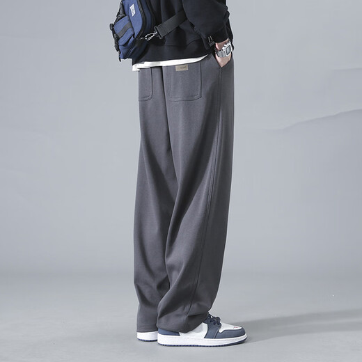 花花公子（PLAYBOY）男士休闲裤2025春秋潮流宽松直筒阔腿裤时尚垂感运动百搭长裤子男 YHK9209黑色 M (100斤)