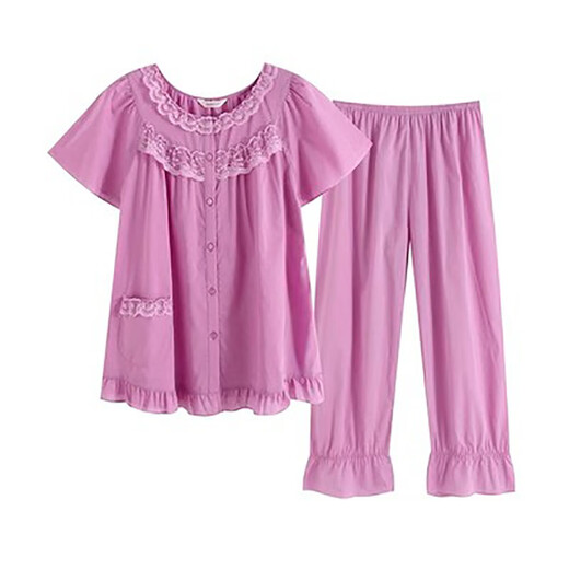 
Roseme Roseme Spring and Summer New Product Pure Cotton 60-pin woven fabric inlaid with lace short-sleeved trousers pajamas two-piece set 13068 Pink 155(S)