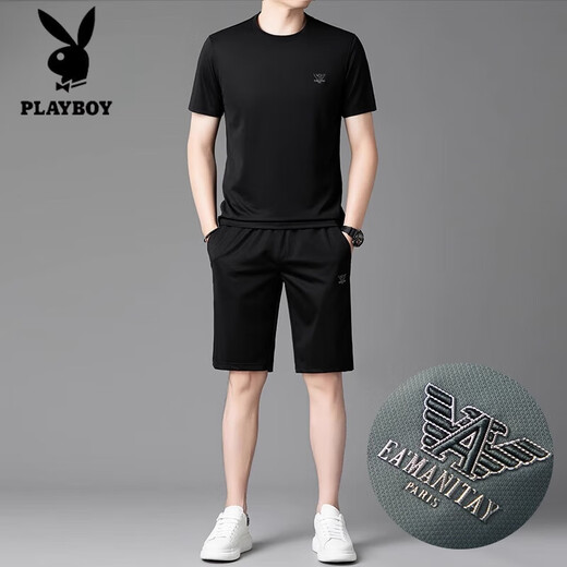 花花公子（PLAYBOY）品牌高档冰丝套装男夏季2025新款速干短袖短裤跑步休闲运动服 绿色套装【13601-1】 M 165 【适合体重100-120斤】