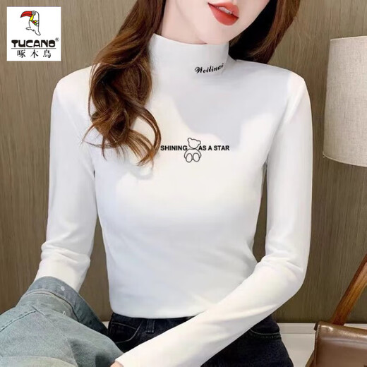Woodpecker German velvet half-turtle collar bottoming shirt for women in autumn and winter slim fit warm plus velvet bear top new long-sleeved T-shirt Charming apricot thickened double-sided velvet L Recommended 105-120Jin Jin equals 0.5 kg
