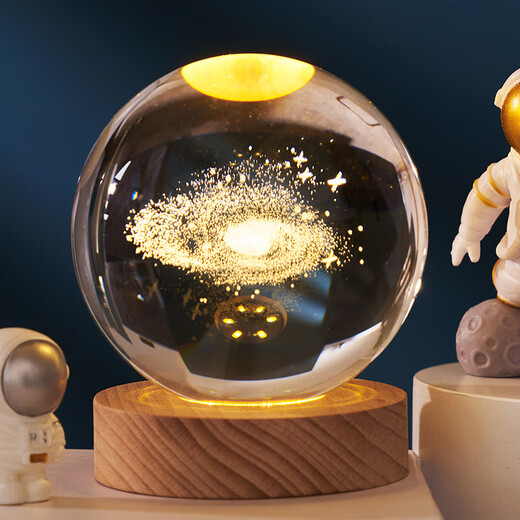 Yunya Starry Sky Astronaut 3D Internally Carved White Crystal Ball Luminous Base Night Light Creative Glass Ball Ornaments for Boys and Girls Solar System 6cm + Warm Light Base Color Box