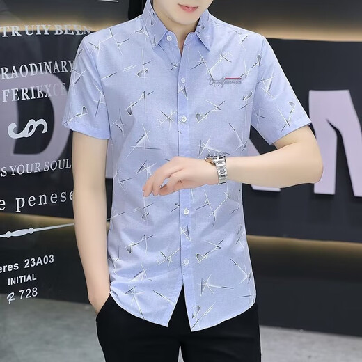 唐号夏季衬衫男短袖印花休闲帅气韩版修身潮流百搭男装衬衣半袖衬衫男 826蓝色 3XL