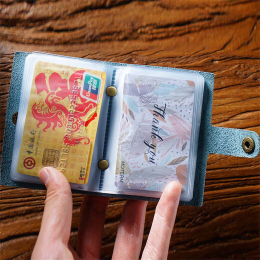 爱国牛（AIGUONIU）原创设计手工复古头层牛皮卡包男女多卡位大容量名片夹按扣20卡位 泛蓝/blue