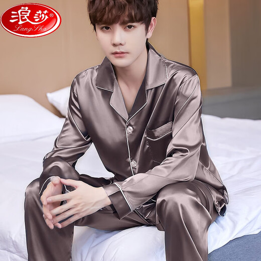 浪莎（LangSha）睡衣男士春秋季薄款冰丝长袖青少年男生绸丝加大码家居服套装 9898#[酒红]+经典永恒 2XL 9898#[140-160斤]+经典永