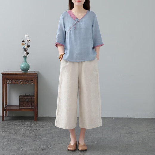 阙时翊太极服棉麻女夏装宽松大码中国民族风复古刺绣太极服两件套夏季 1369焦糖上衣+麻本裤子 M(100~110斤)