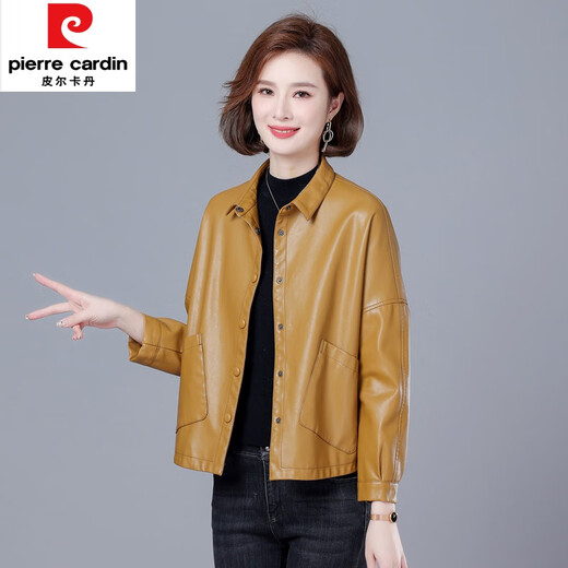 皮尔卡丹（pierre cardin）海宁真皮皮衣女短款春秋新款韩版宽松大尺码皮夹克休闲时尚外套 姜黄色 M 【建议90-110斤】