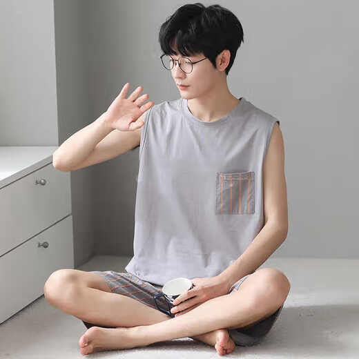 浪莎莫代尔睡衣男背心夏季薄款青年大码休闲家居服可外穿2件短裤套装 12027 2XL 建议140-160斤