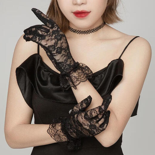 婉诗妃春夏季开车防晒蕾丝手套女士短款薄款婚纱新娘白色礼仪手套黑红色 红色