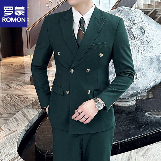 Romon haut de gamme Authentique Authentic Men's Dark Green Suit Suit Groom Double-Basted Suit Casual Slim Meeting Robe Abricot Couleur (costume + pantalon + VIET + chemise) Cravate M