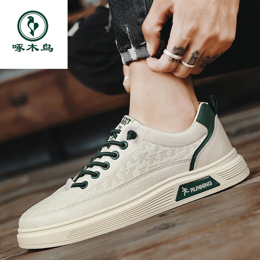 Woodpecker men's shoes 2025 new one-foot flat shoes for work men's casual and versatile soft sole leather sports little white trendy shoes Mi green 40