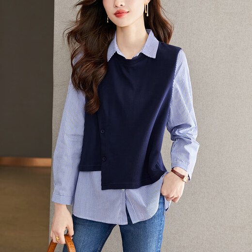 Yisijia 2025 Spring and Autumn New Blue Stripe Splicing Fake Two-piece Shirt Women's Design Casual Long-Sleeved Shirt Top Navy Blue S